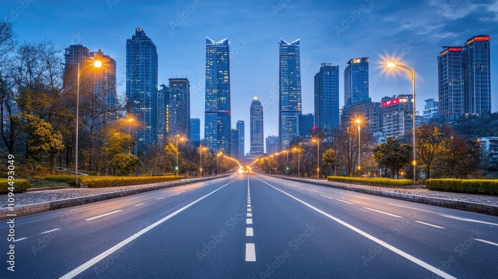 Obraz premium Urban Skyline at Dusk with Empty Road