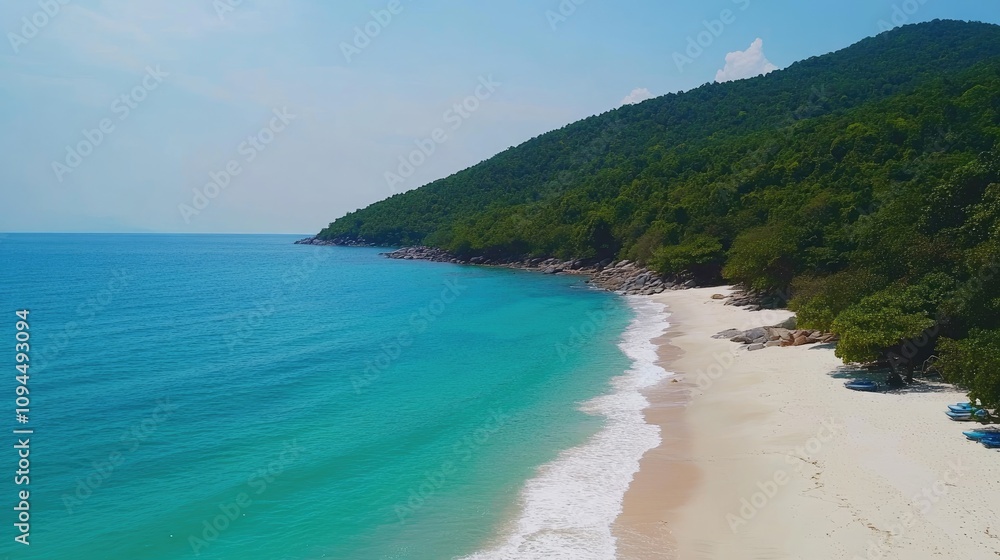 Serene Beach with Clear Water and Lush Green Hills Serene Beach with Clear Water and Lush Green Hills