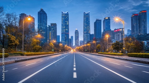 Urban Skyline at Dusk with Empty Road