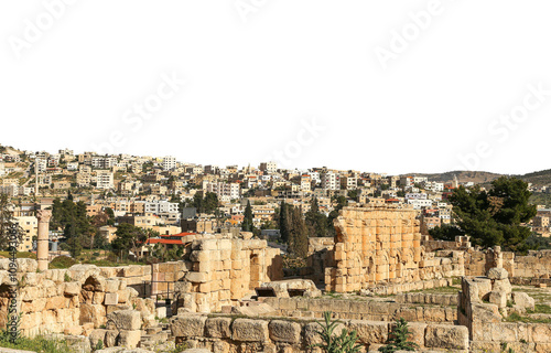 Roman ruins (carved on white background) in the Jordanian city of Jerash (Gerasa of Antiquity), capital and largest city of Jerash Governorate, Jordan