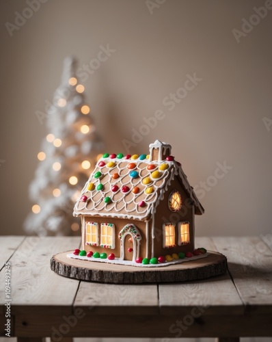 A gingerbread house is sitting on a table with a blurry background. photo