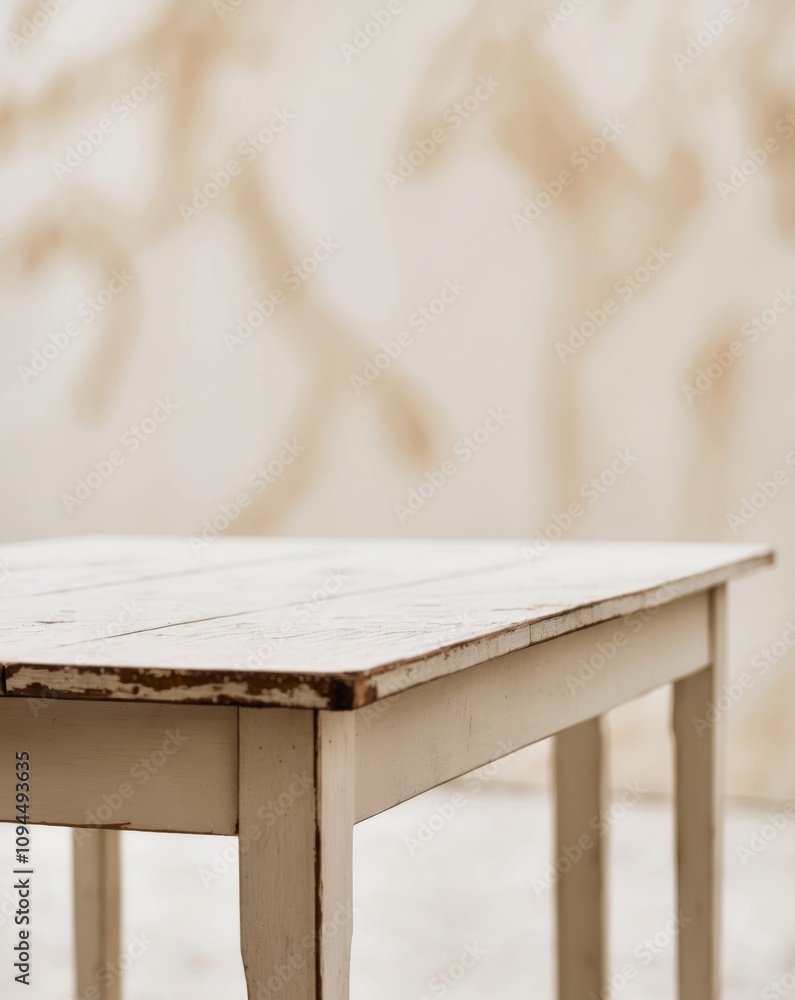 A close up of an empty wooden table with a blurred background featuring light beige and white tones. A close up of an empty wooden table with a blurred background featuring light beige and white tones.