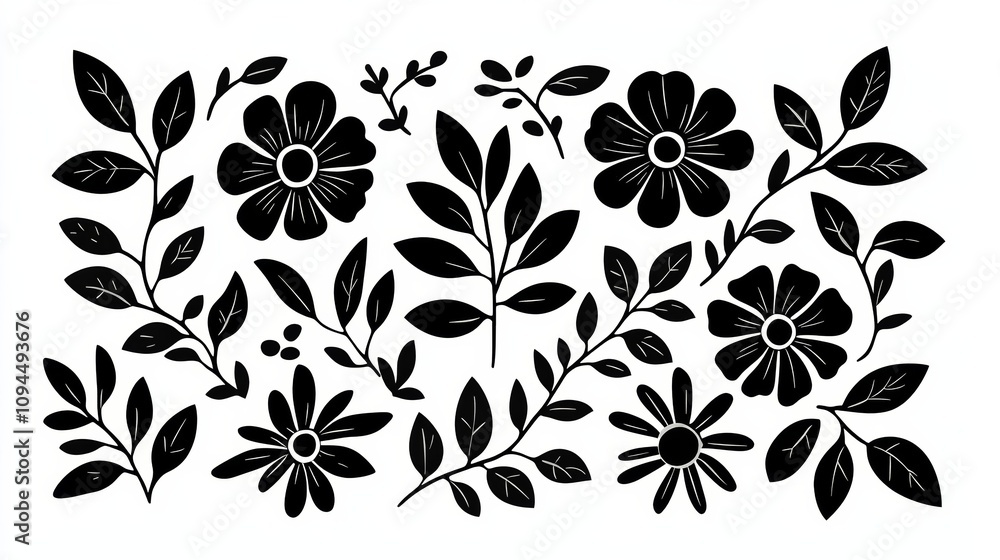 Minimalistic Slavic floral pattern in flat black, framed by small geometric elements, isolated on pure white background Minimalistic Slavic floral pattern in flat black, framed by small geometric elements, isolated on pure white background