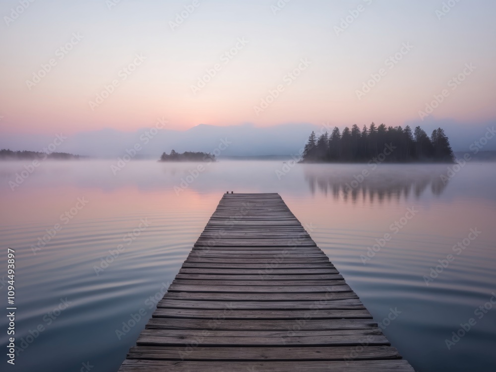 Naklejka premium Serene sunrise over a calm lake with a wooden dock extending towards a misty island.