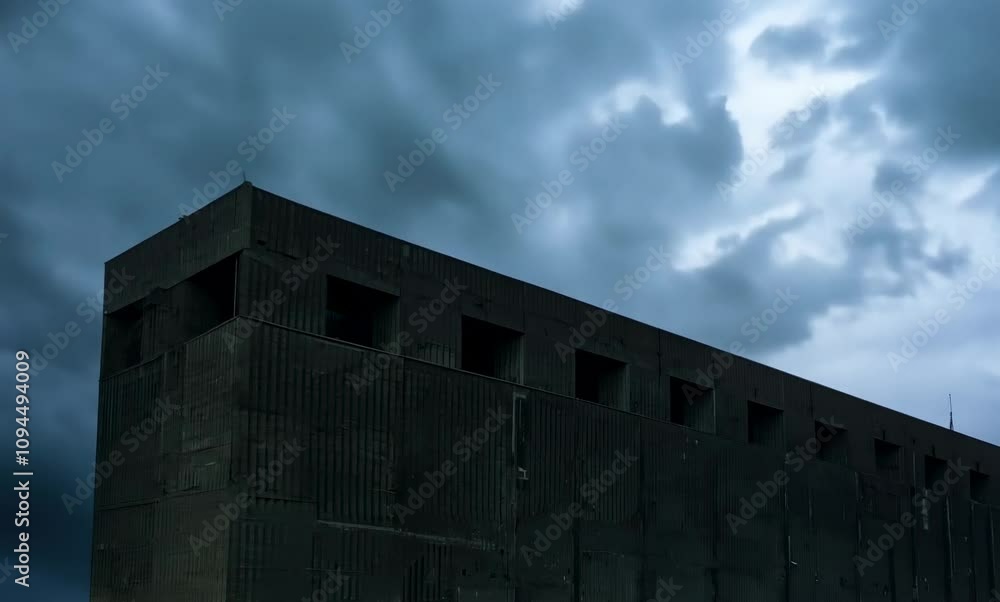 Industrial Architecture Gray Concrete Building Beneath Dramatic Sky with Dark Clouds Industrial Architecture Gray Concrete Building Beneath Dramatic Sky with Dark Clouds