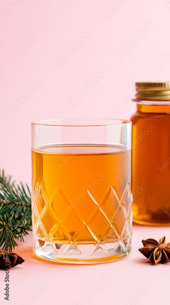 Fototapeta premium Sbiten served in a clear glass with spices and honey jar on a pink background Traditional drink with a cozy, rustic feel 