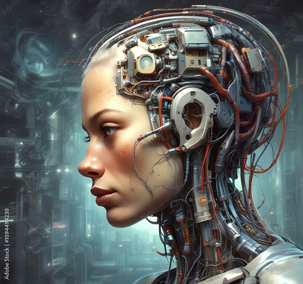 Fototapeta premium Technology illustration of cyborg with brain connections.