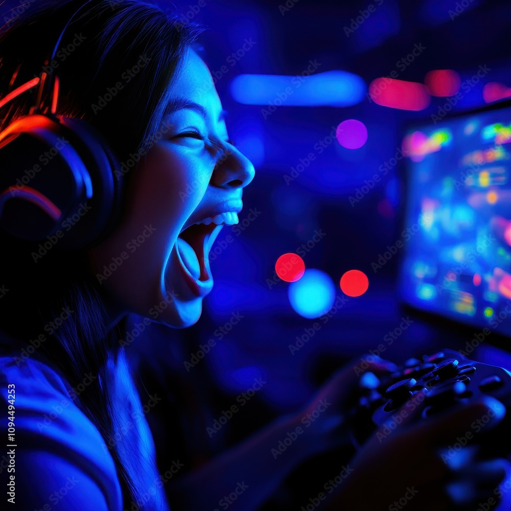 A young gamer immersed in her gaming experience, exuding excitement and joy as she plays video games with vibrant lighting. A young gamer immersed in her gaming experience, exuding excitement and joy as she plays video games with vibrant lighting.