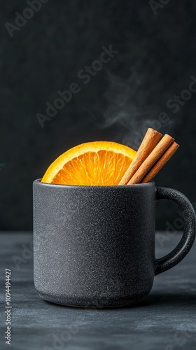 Steaming hot sbiten with orange slice and cinnamon sticks in a rustic mug on a dark gradient background Traditional Russian beverage for winter  photo