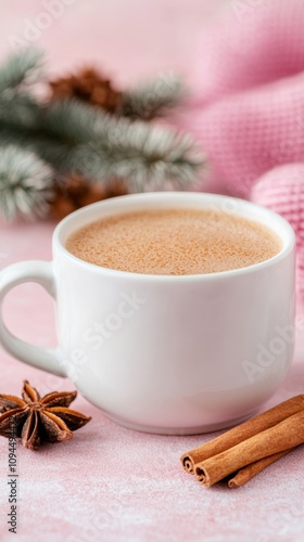 Steaming sbiten with honey and spices on a pastel pink background Perfect for warm beverage advertising or cozy winter scenes  photo