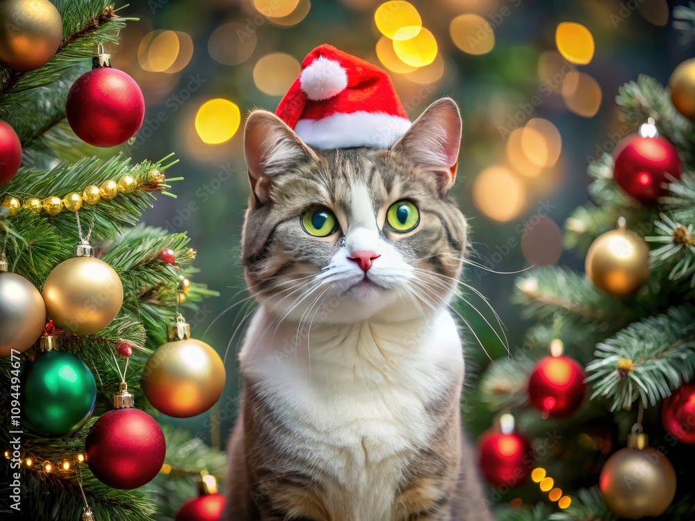Gray and White Cat in Santa Hat with Christmas Tree Background - Festive Feline Holiday Decor, Cute Pets, Winter Celebrations, Christmas Spirit, Adorable Animal Portraits Gray and White Cat in Santa Hat with Christmas Tree Background - Festive Feline Holiday Decor, Cute Pets, Winter Celebrations, Christmas Spirit, Adorable Animal Portraits
