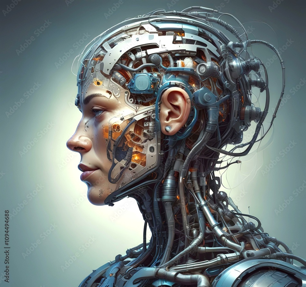 Technology illustration of cyborg with brain connections. Technology illustration of cyborg with brain connections.