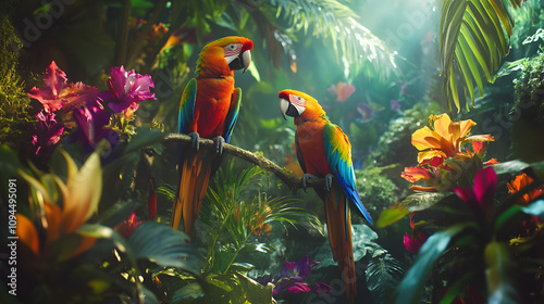 A vibrant jungle scene with colorful parrots perched on branches amidst exotic flowers.
