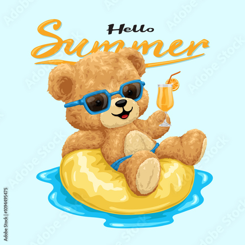 Teddy Bear Relaxing on Floaty with Juice and "Hello Summer" Text