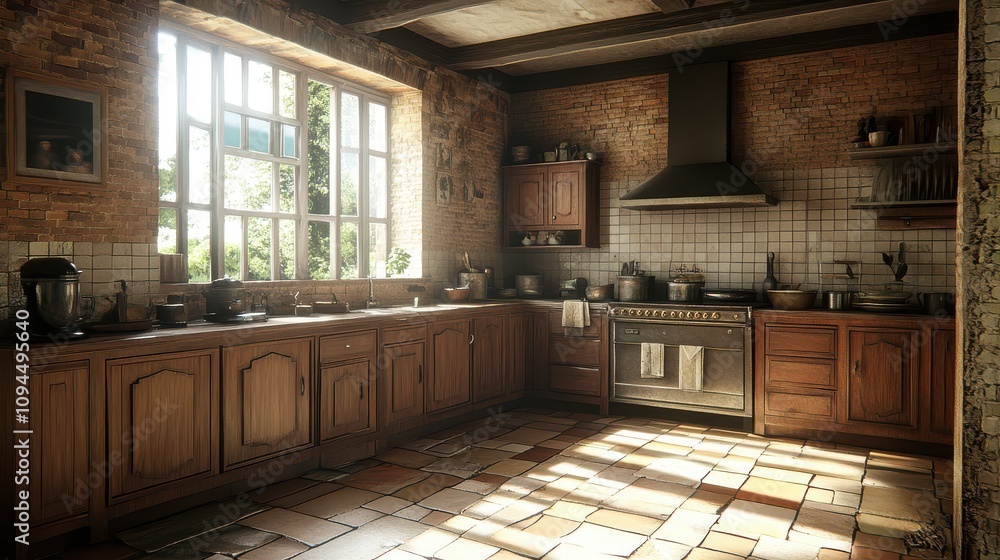 Cozy Kitchen Interior with Rustic Charm and Natural Light Streaming Through Windows, Featuring Wooden Cabinets and Tiled Floor Design Cozy Kitchen Interior with Rustic Charm and Natural Light Streaming Through Windows, Featuring Wooden Cabinets and Tiled Floor Design