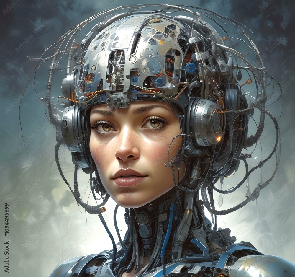 Technology illustration of cyborg with brain connections. Technology illustration of cyborg with brain connections.