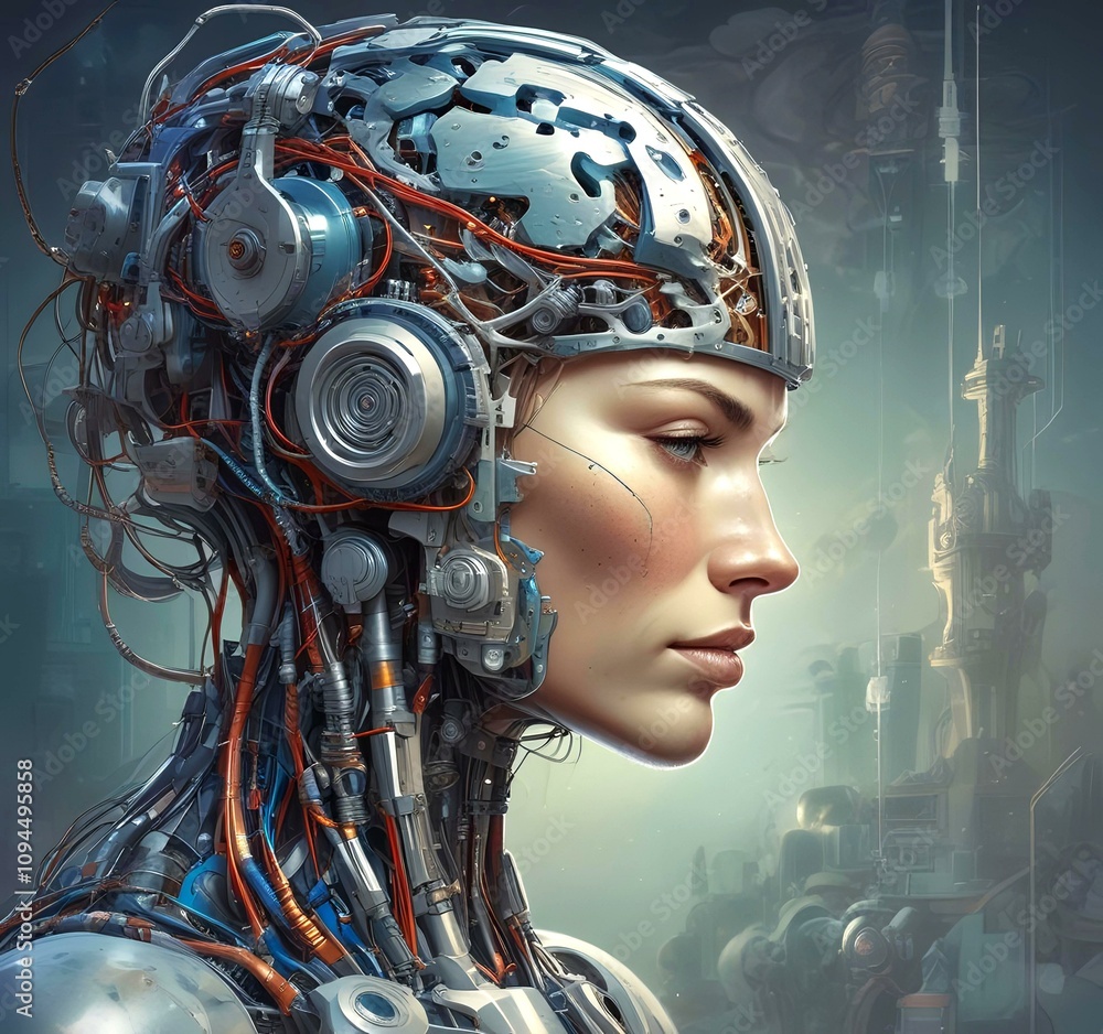 Technology illustration of cyborg with brain connections. Technology illustration of cyborg with brain connections.