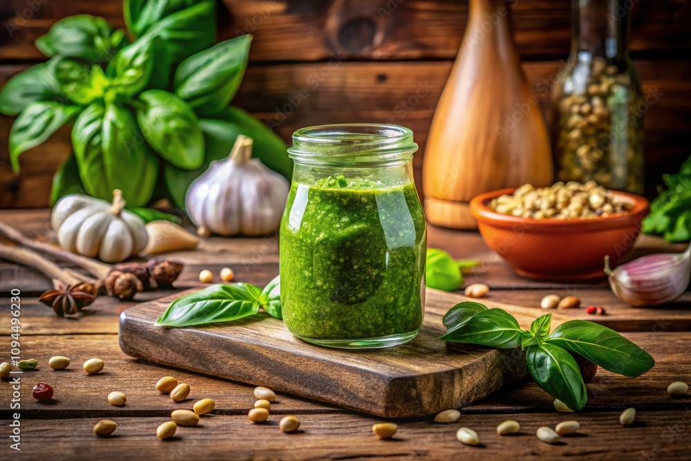Fresh Basil Pesto Sauce in a Glass Bottle for Culinary Art and Healthy Cooking Inspirations Fresh Basil Pesto Sauce in a Glass Bottle for Culinary Art and Healthy Cooking Inspirations