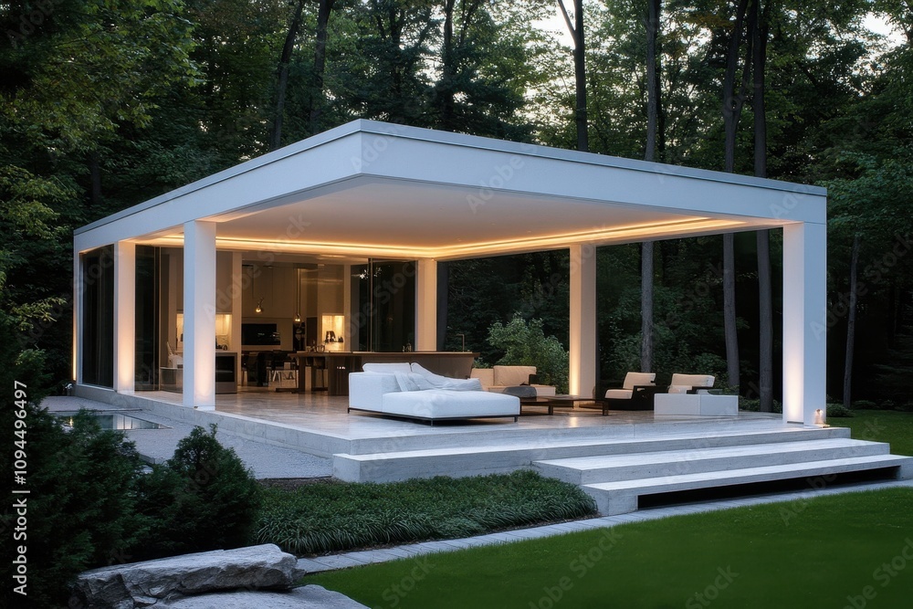 Fototapeta premium Modern glass house in a serene forest setting, showcasing contemporary architecture.
