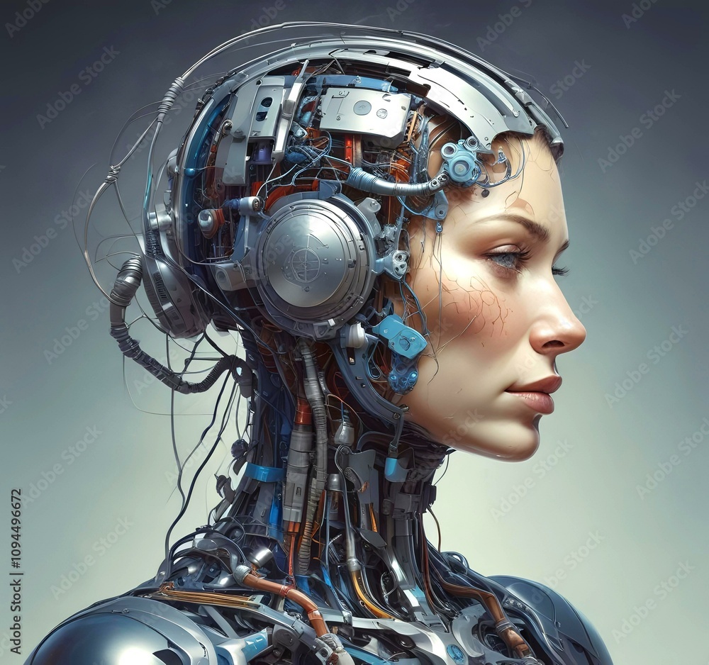 Technology illustration of cyborg with brain connections. Technology illustration of cyborg with brain connections.
