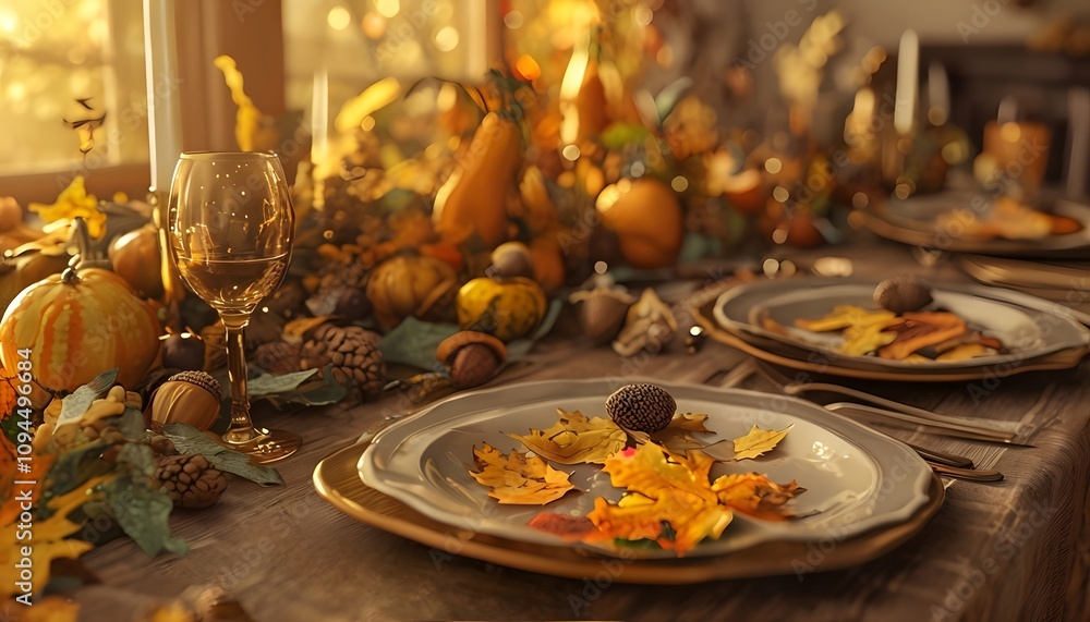 Naklejka premium Festive Thanksgiving Table with Plates, Cutlery, and Warm Lighting