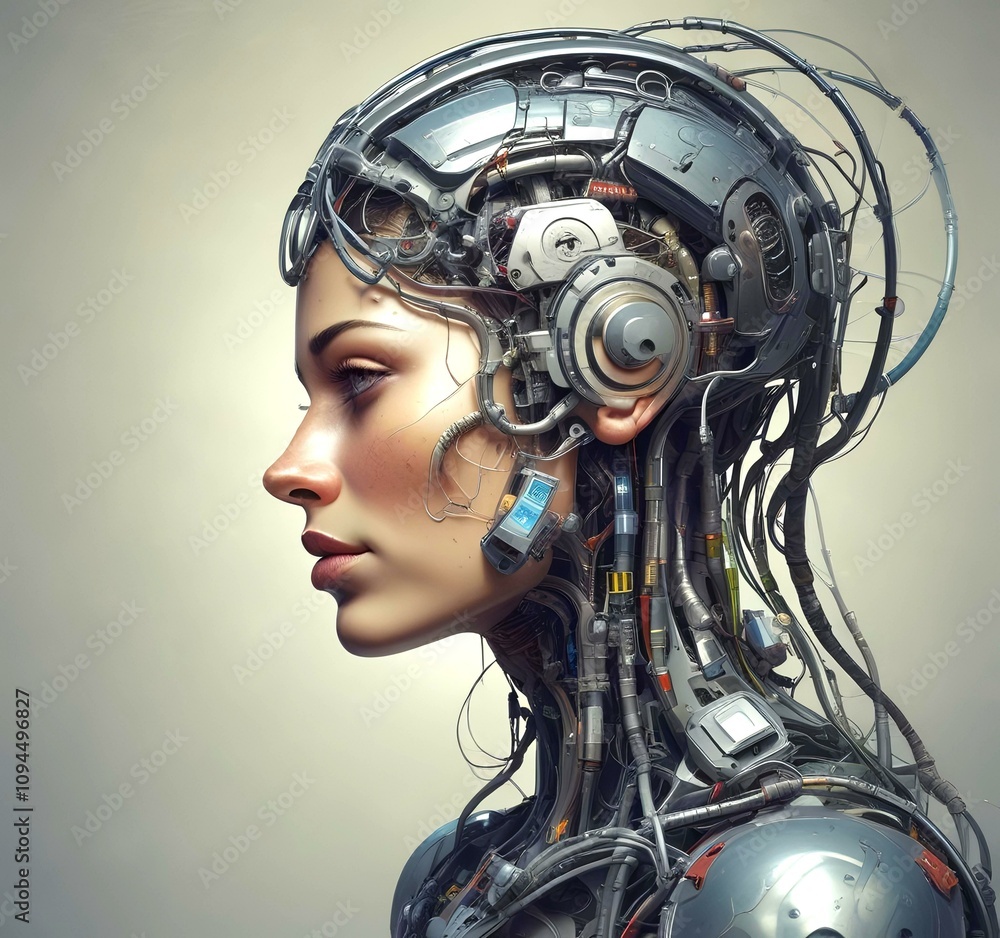 Technology illustration of cyborg with brain connections. Technology illustration of cyborg with brain connections.
