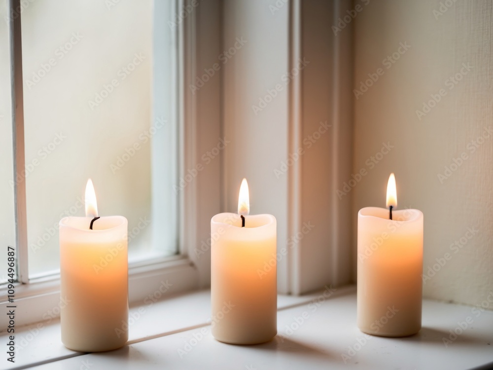 Three candles glow softly in windowsill setting. Three candles glow softly in windowsill setting.
