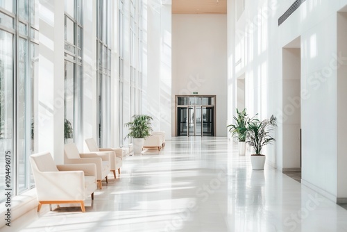 Bright, spacious lobby with modern seating and plants, designed for relaxation and welcoming.