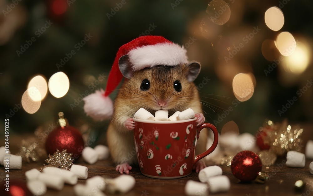 Hamster Sipping Cocoa A tiny hamster in a Santa hat, holding a miniature cup of hot chocolate with marshmallows, sitting on a festive tabletop Hamster Sipping Cocoa A tiny hamster in a Santa hat, holding a miniature cup of hot chocolate with marshmallows, sitting on a festive tabletop
