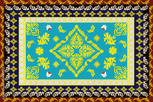 A stunning rug design featuring a vibrant teal backdrop adorned with an intricate golden-yellow floral centerpiece, highlighted by symmetrical leaf and flower motifs that evoke balance and elegance.