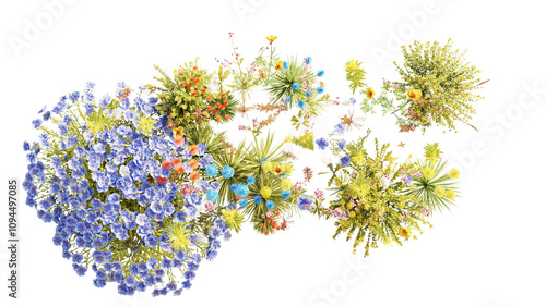 Photos Top view group of Evergreen colorful flowers and grass field in nature with isol