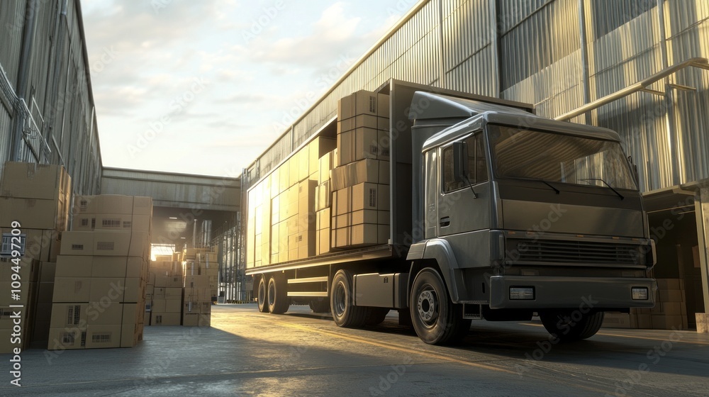 A large truck is parked in a warehouse with boxes stacked around it A large truck is parked in a warehouse with boxes stacked around it