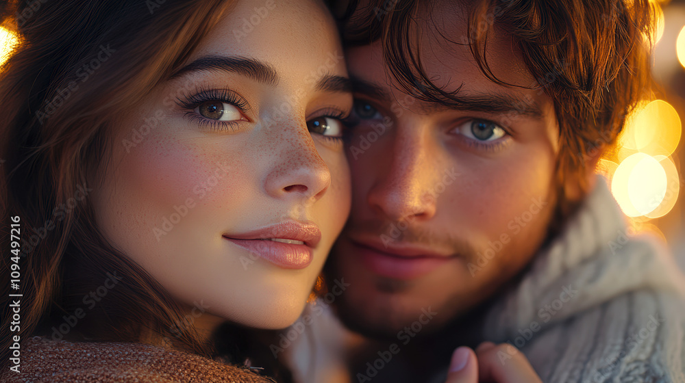 Obraz premium Young romantic couple sharing an intimate moment in warm lighting