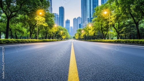 Urban Roadway with Lush Greenery and Skyscrapers