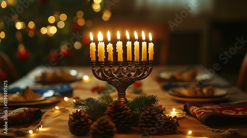 A rustic table setup with a menorah as the centerpiece, surrounded by Christmas-themed napkins, dreidels, and pinecones, soft golden light from candles illuminating the scene, warm and welcoming mood, photo