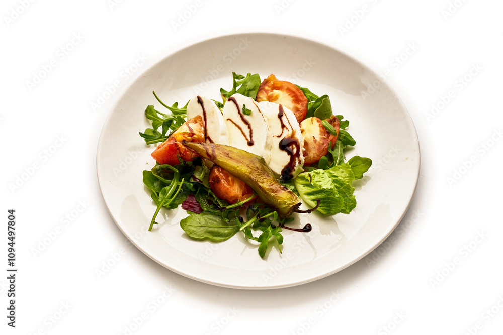 A white plate with a salad of tomatoes, cucumbers, and basil A white plate with a salad of tomatoes, cucumbers, and basil