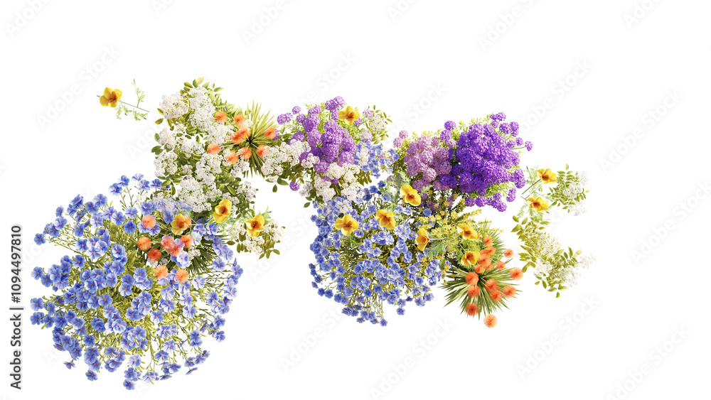 Fototapeta premium Top view group of Evergreen colorful flowers and grass field in nature with isolated on transparent background