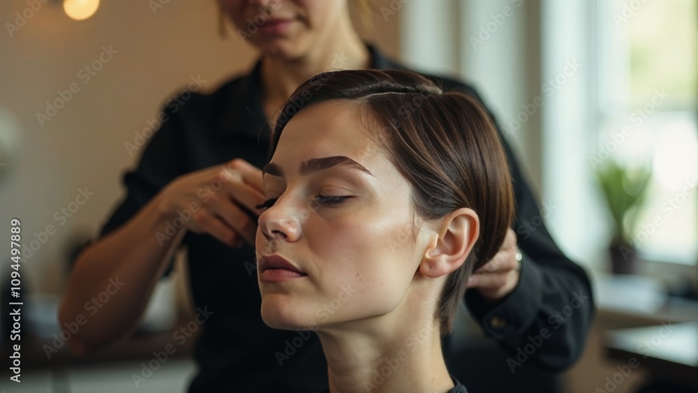 Fototapeta premium Caucasian female young adult getting haircut in salon with closed eyes