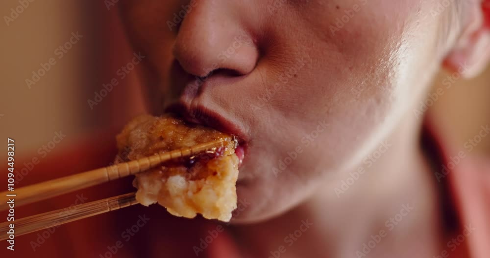 Woman, hands and eating food in Japan for traditional snack, cuisine and lunch break with chopstick. Female person, closeup and restaurant for dinner, indigenous meal and nutrition with rice cracker Woman, hands and eating food in Japan for traditional snack, cuisine and lunch break with chopstick. Female person, closeup and restaurant for dinner, indigenous meal and nutrition with rice cracker