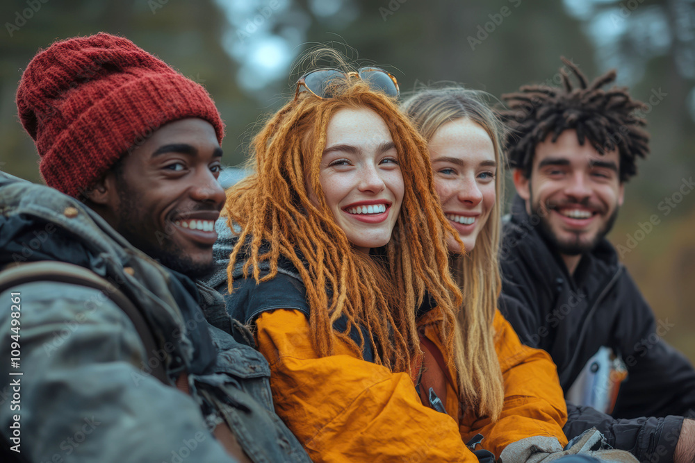 Diverse group of friends smiling on an exciting road trip adventure Diverse group of friends smiling on an exciting road trip adventure