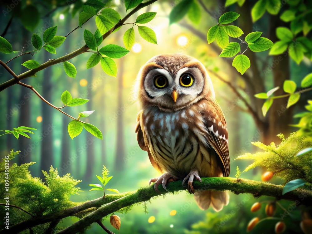 Enchanting Cute Owl Perched Among Lush Forest Foliage - A Whimsical Nature Portrait of an Adorable Owl Surrounded by Trees and Soft Sunlight in the Heart of the Wild Enchanting Cute Owl Perched Among Lush Forest Foliage - A Whimsical Nature Portrait of an Adorable Owl Surrounded by Trees and Soft Sunlight in the Heart of the Wild