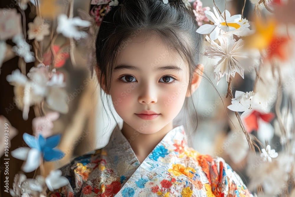 Young girl in traditional dress surrounded by intricate paper crafts for cultural celebration Young girl in traditional dress surrounded by intricate paper crafts for cultural celebration