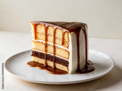 A slice of layered cake topped with caramel sauce sits on a white plate.