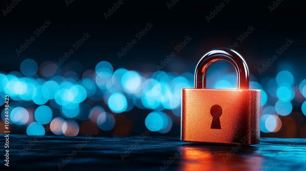 Padlock on table with city background, symbolizing urban security and data protection in modern society Padlock on table with city background, symbolizing urban security and data protection in modern society