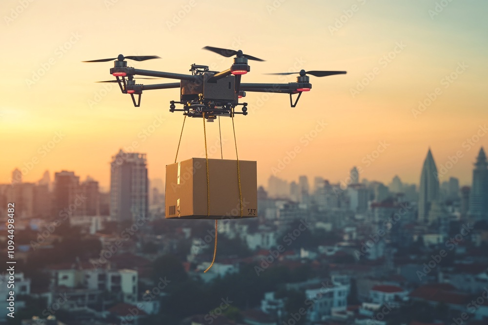 Cutting-edge drone hovering with a package, portraying the next phase in online purchasing innovations Cutting-edge drone hovering with a package, portraying the next phase in online purchasing innovations