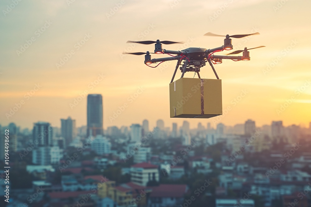 A drone in the air carrying a package, symbolizing the revolution in delivery logistics and e-commerce A drone in the air carrying a package, symbolizing the revolution in delivery logistics and e-commerce