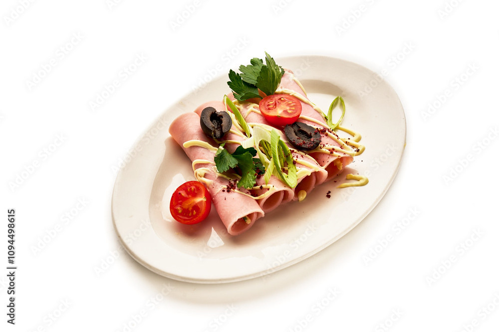A plate of food with a white background A plate of food with a white background