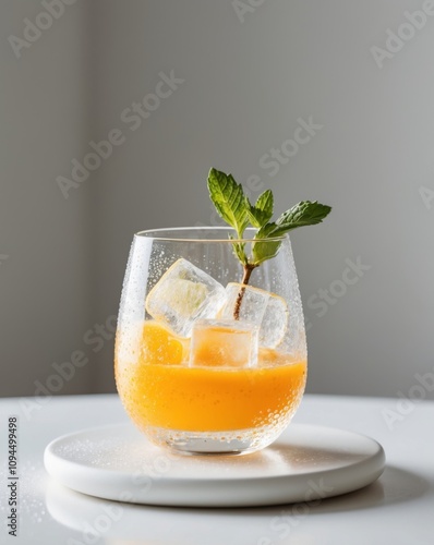 A glass of orange juice with ice and a sprig of mint sits on a white surface.