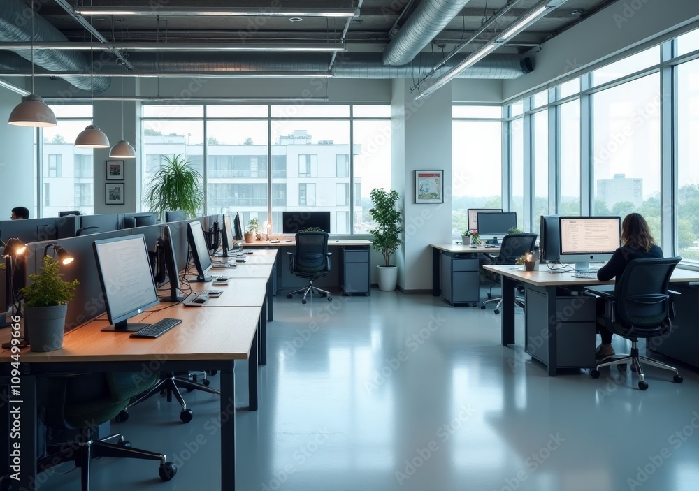 Modern office workspace with large windows and sleek desks filled with computers Modern office workspace with large windows and sleek desks filled with computers