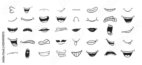 Cartoon mouth happy, smile, sad, angry expression doodle set. Hand drawn mouth, tongue caricature icon. Funny comic mouth collection 